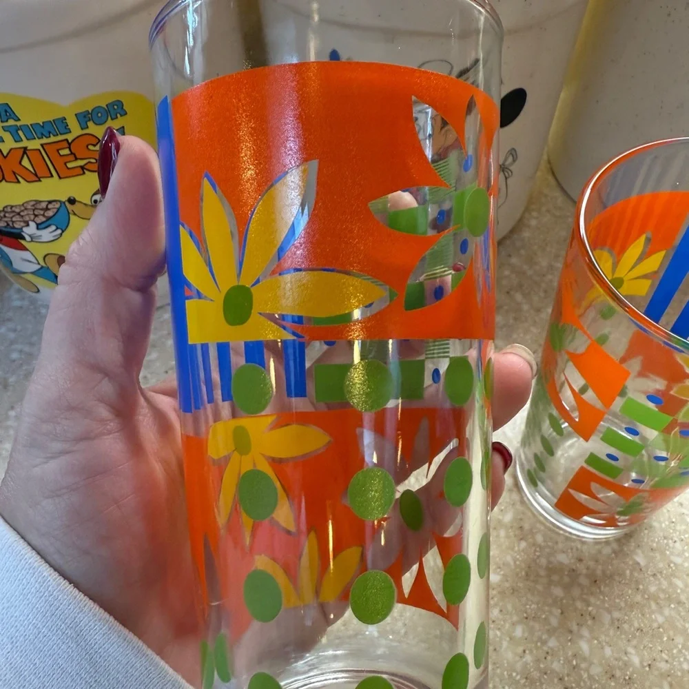 2 Vintage KIG  Multi Color 6” Glasses Tumblers Orange Blue Green Yellow Flower